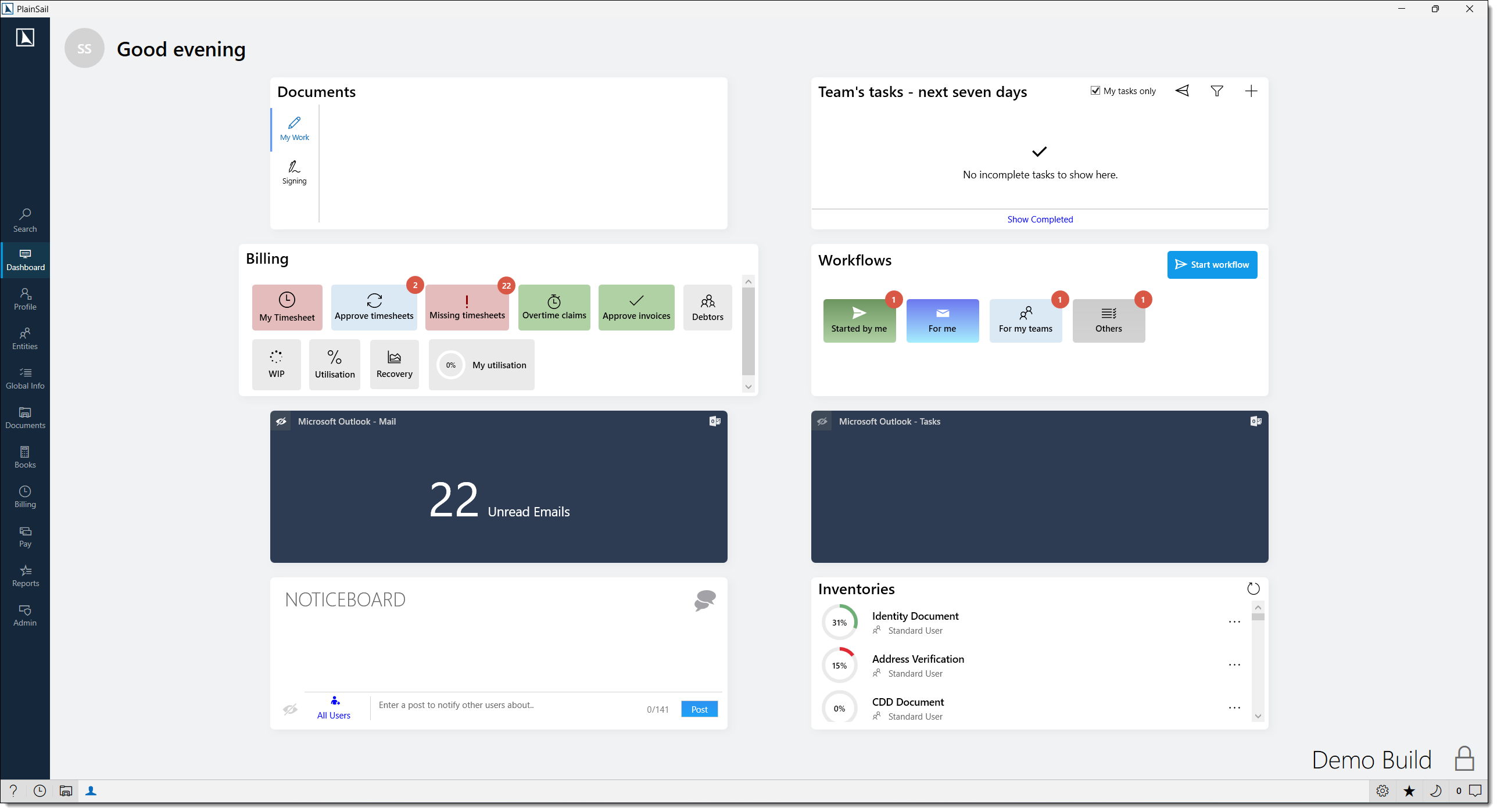 Dashboard with widgets and personalised greeting