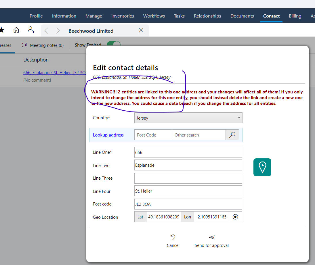 Linked address warning