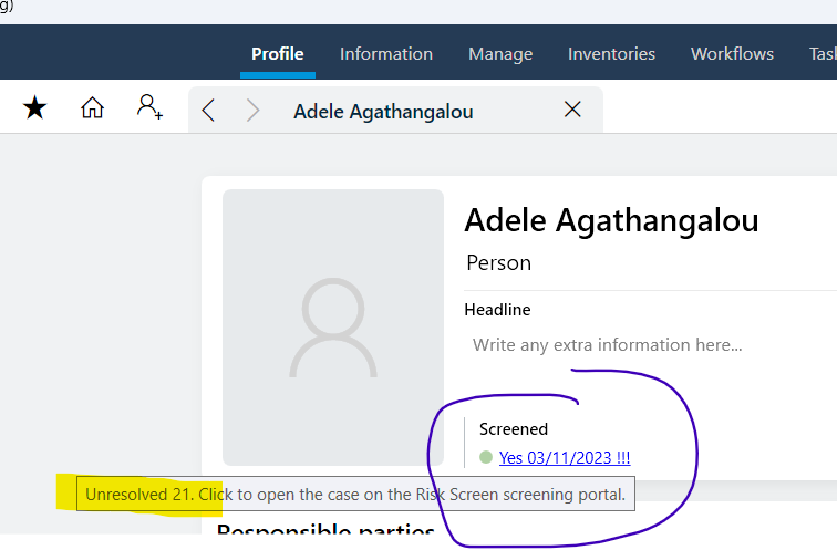 RiskScreen stats on entity profile