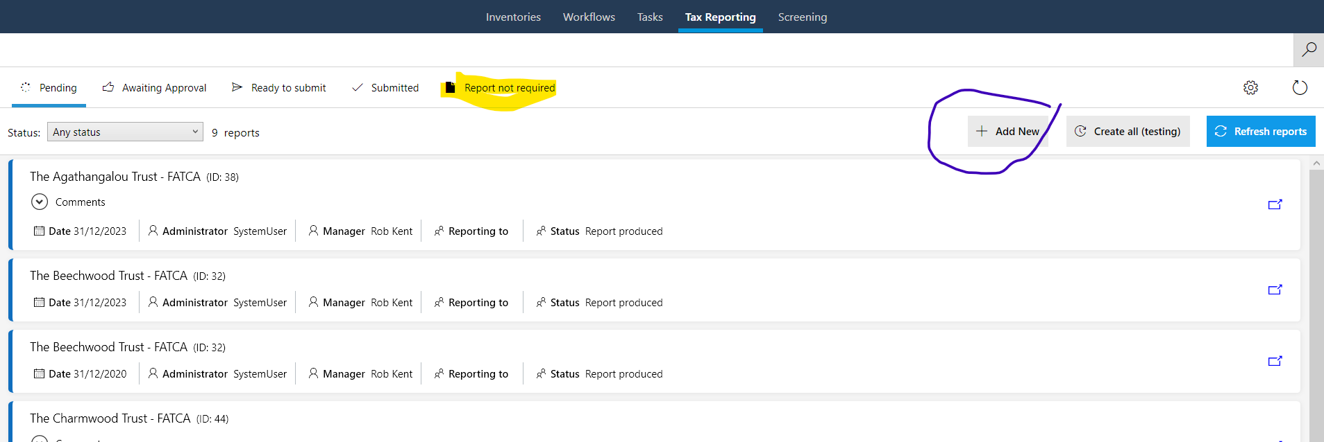 Tax reporting screen