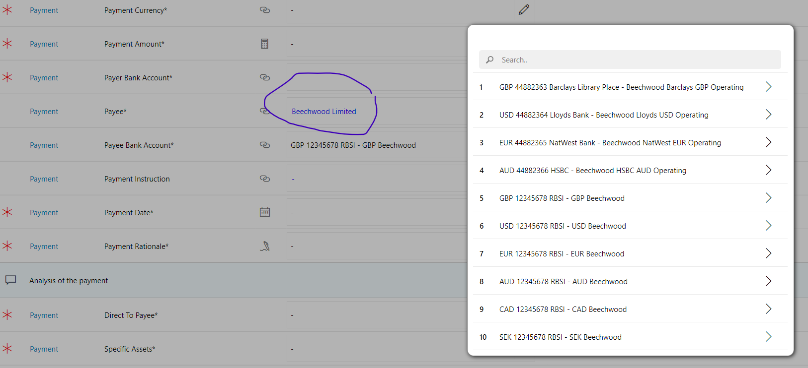 List of payee's bank accounts'