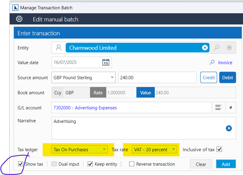 Tax amount panel