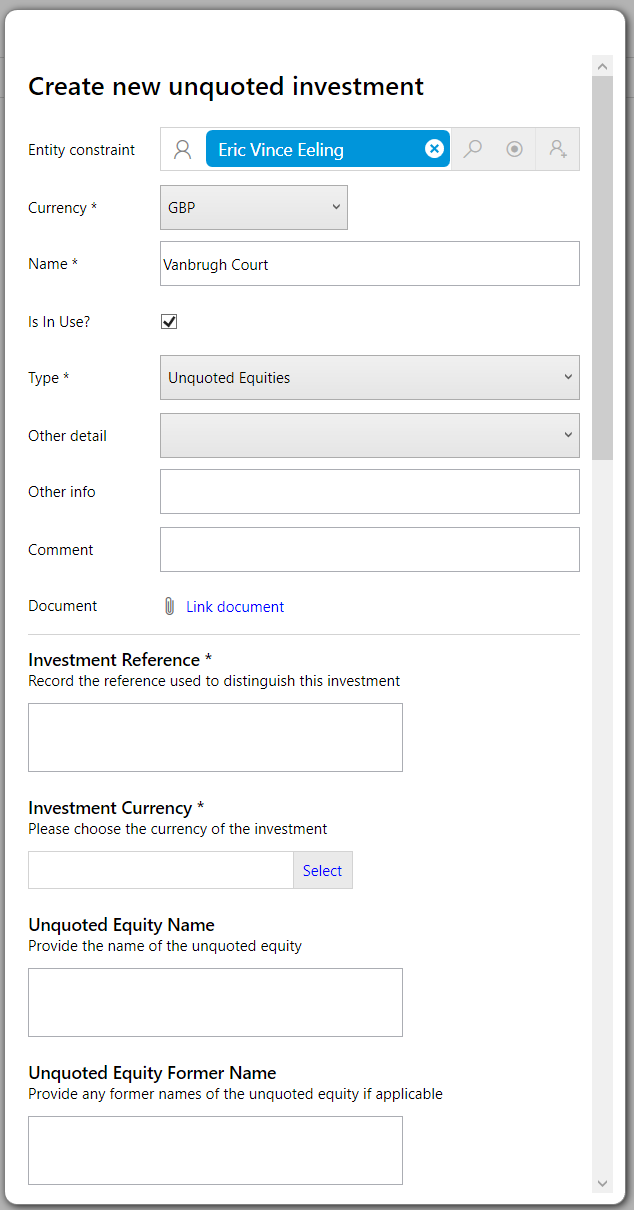 Unquoted investment screen with generic inventory