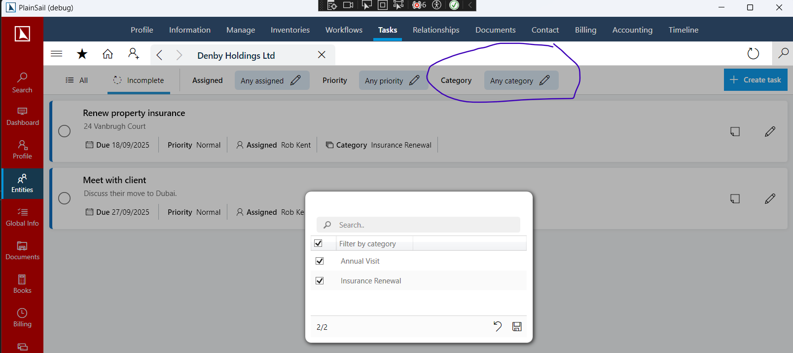 Filter by task category